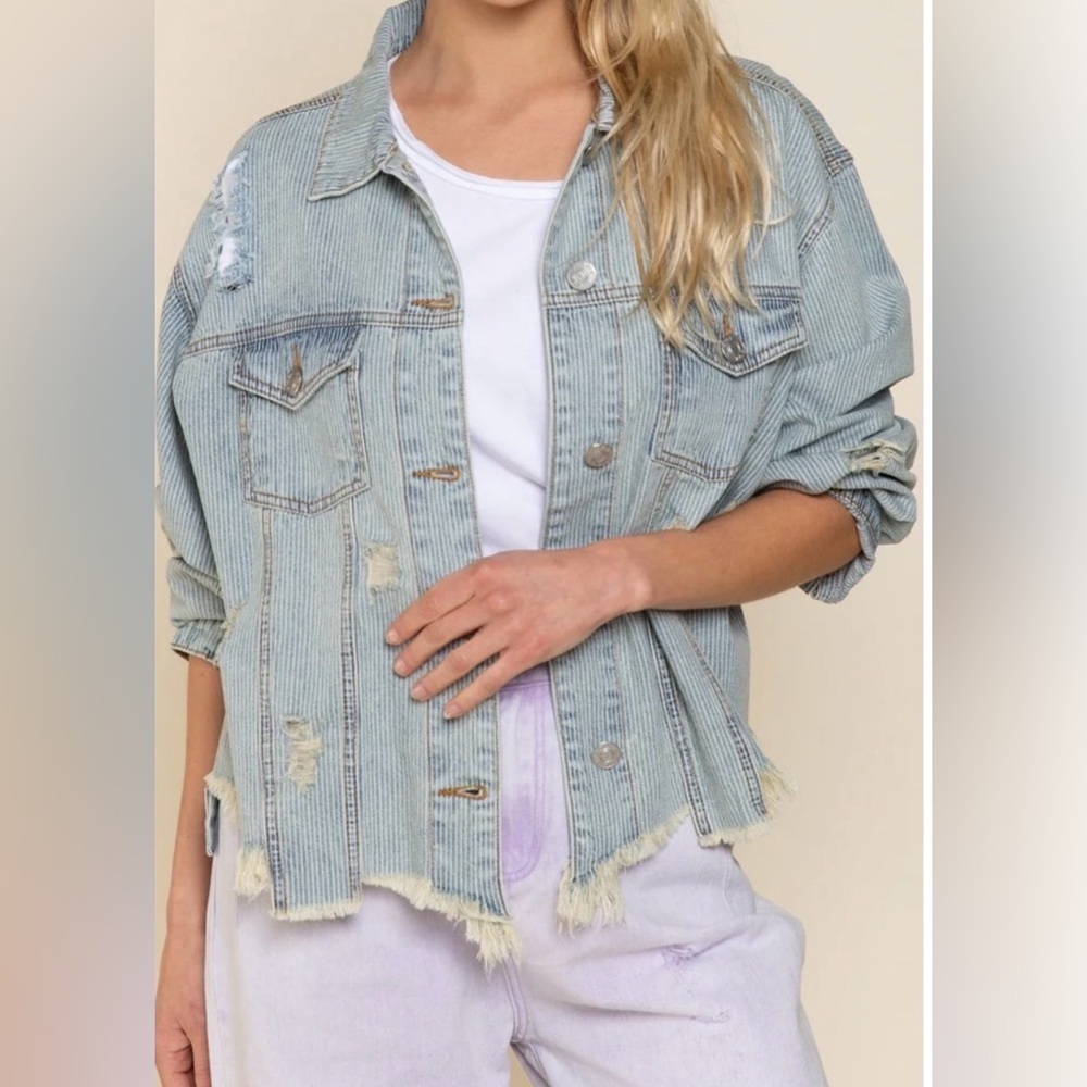 Vici Denim Blue Stripe Distressed Jean Jacket Sz Small Grunge Thrashed Oversized